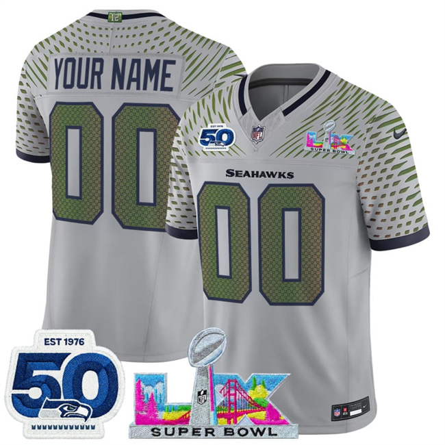 Youth Seattle Seahawks Active Player Custom Grey 2025 F.U.S.E. Super Bowl LX Patch And 50th Season Patch “Rivalries” Vapor Limited Stitched Football Jersey